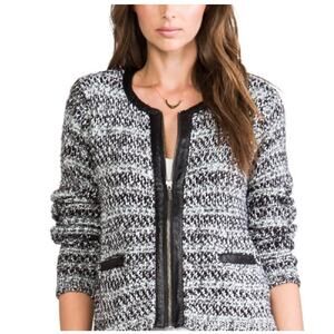 Joie Jacolyn Wool Knit Long Sleeve Leather Trim Zip Up Cardigan Sweater Size S